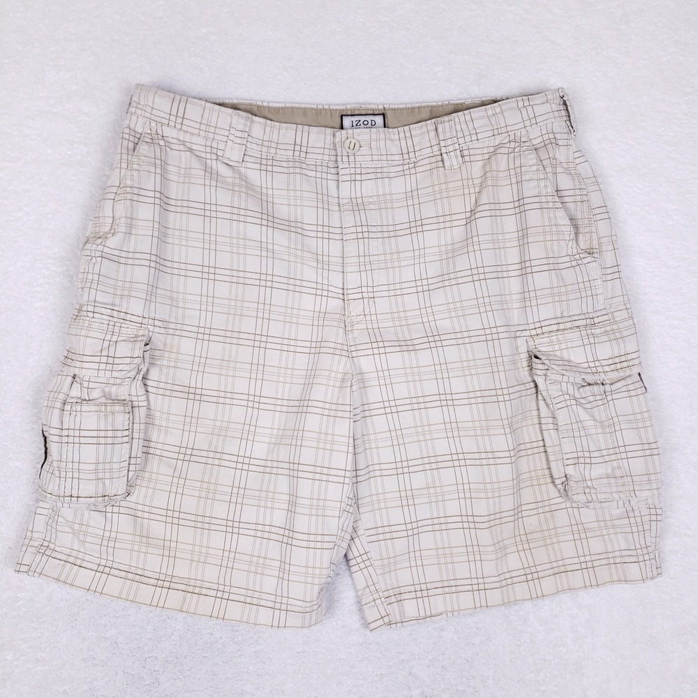 IZOD Men's Cargo Shorts 40‎ Plaid Tan White Casual Utility Hiking Outdoors